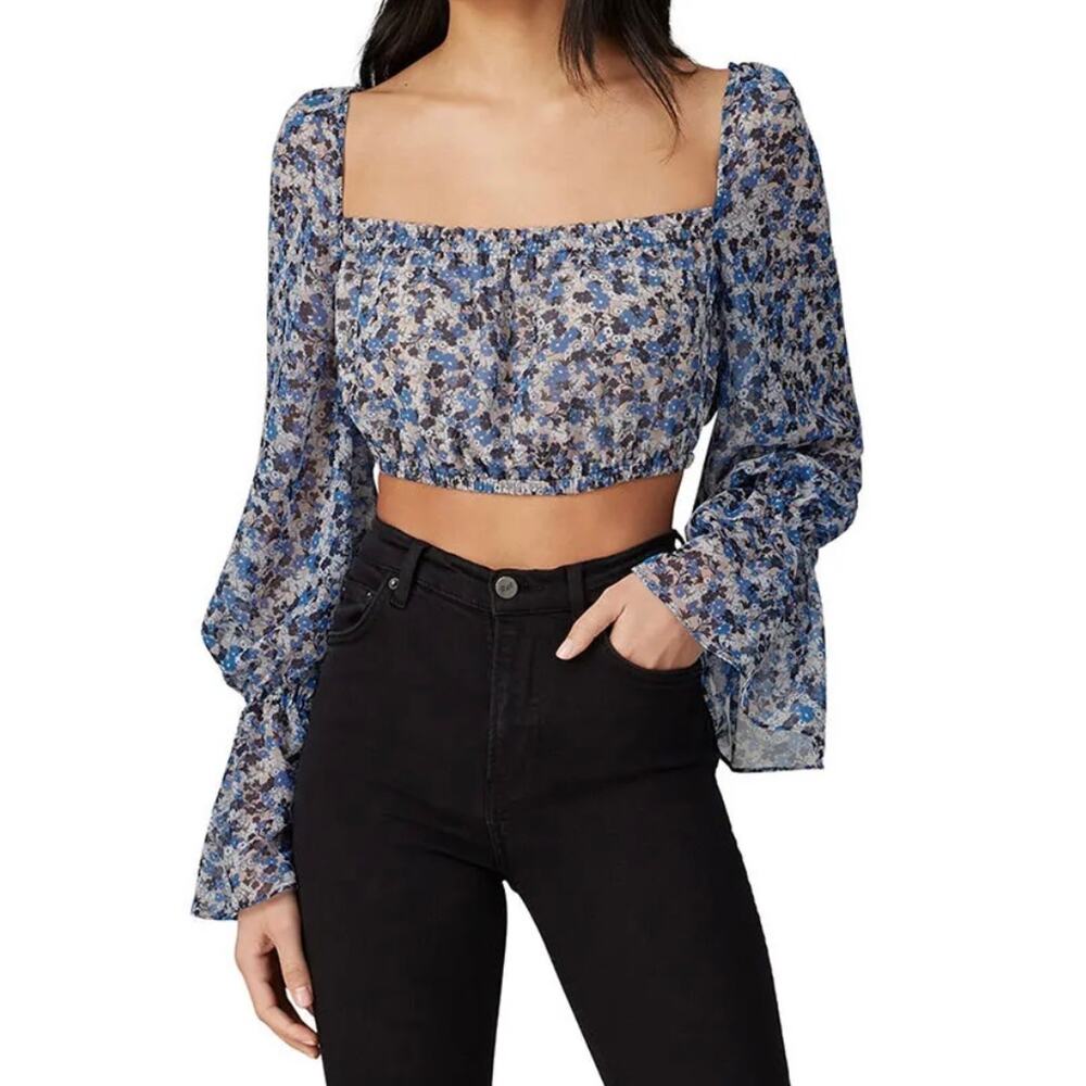 Fame & Partners Willet Boho Peasant Crop Top Women's 14 Blue Floral